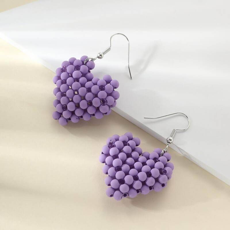 

Beaded Heart Drop Earrings, Purple