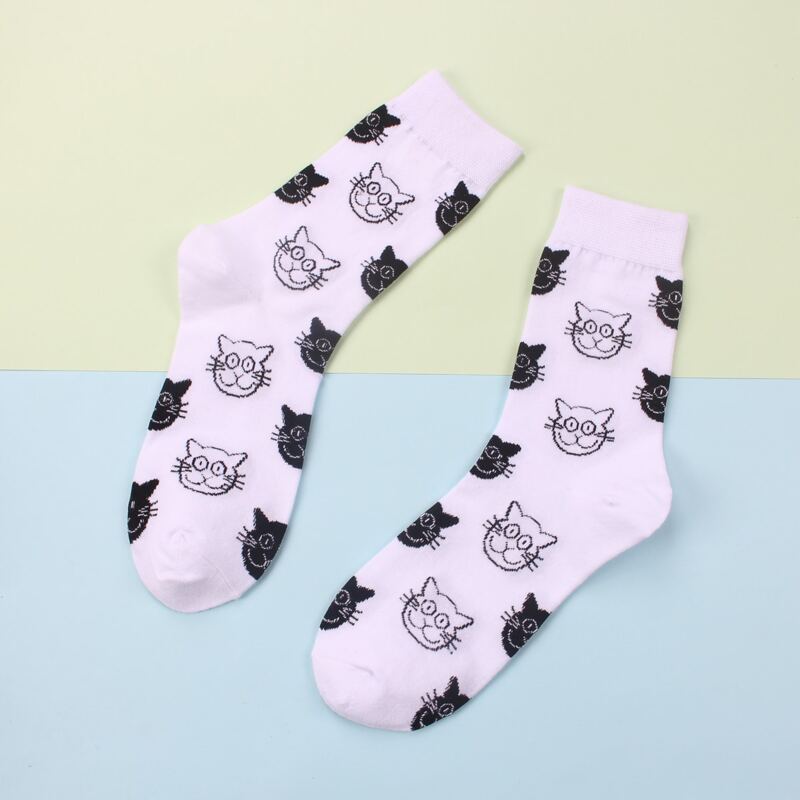 

1pair Cat Pattern Crew Socks, White