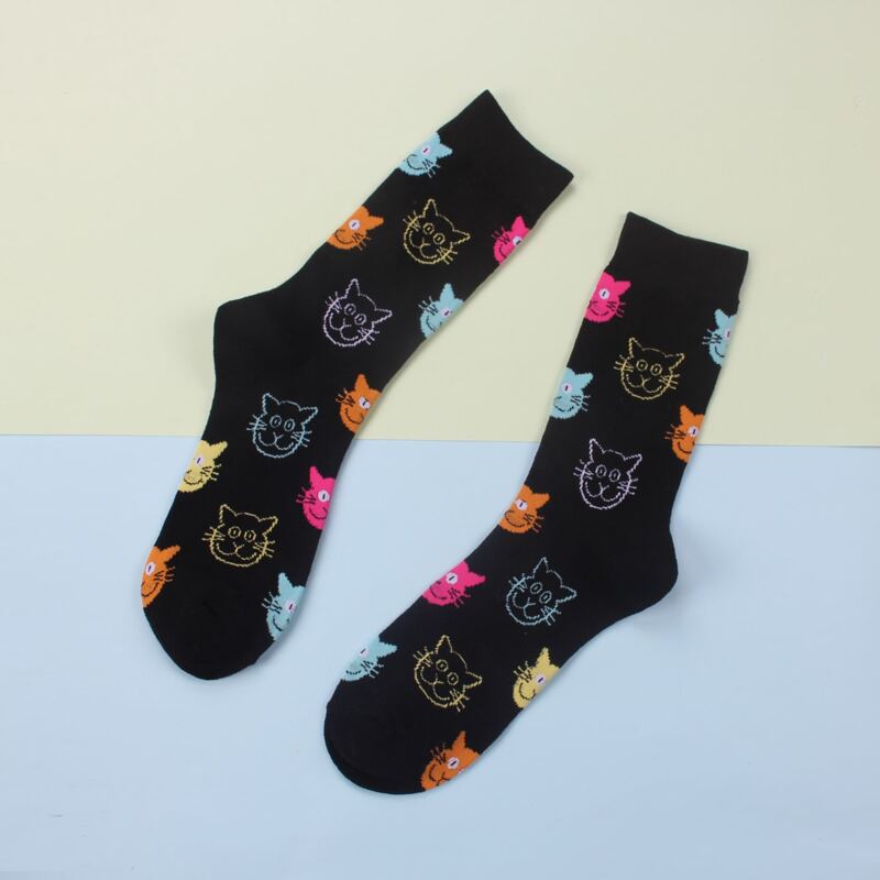 

1pair Cat Pattern Crew Socks, Multicolor