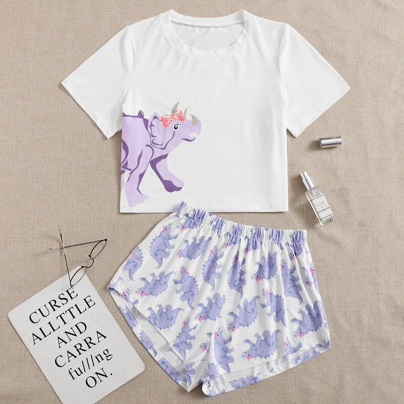 

Cartoon Dinosaur Print Pajama Set, Multicolor
