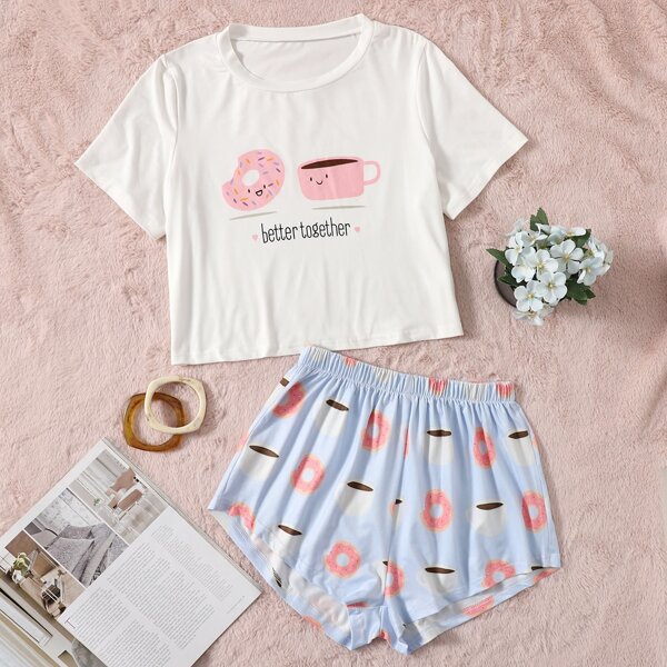

Cartoon And Letter Graphic Pajama Set, Blue and white