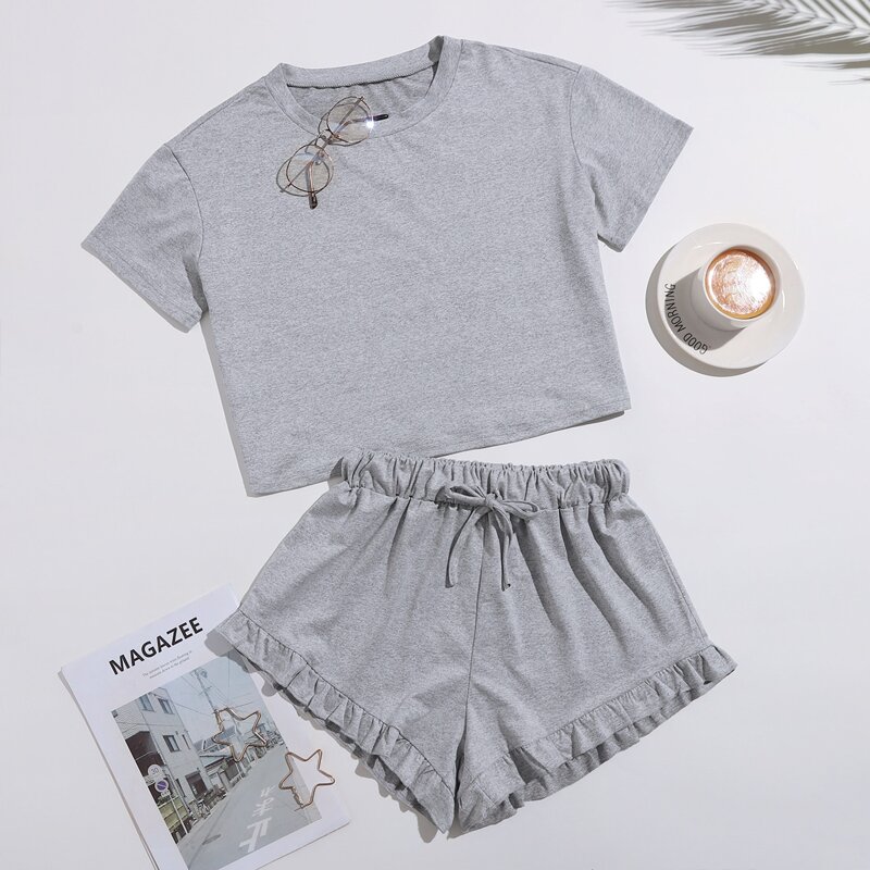 

Solid Tee & Drawstring Waist Ruffle Hem Shorts Lounge Set, Grey