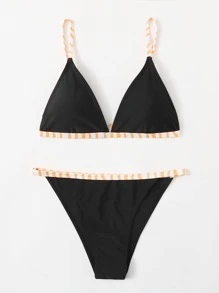 Conjunto de bikini triangular de tanga con ribete de rayas para playa de verano - Negro - Ver 1