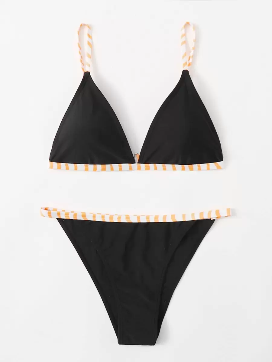 Conjunto de bikini triangular de tanga con ribete de rayas para playa de verano - Negro - Ver 1