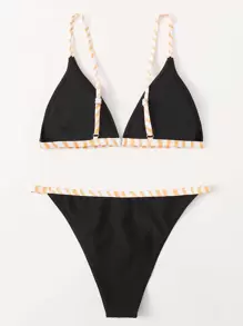 Conjunto de bikini triangular de tanga con ribete de rayas para playa de verano - Negro - Ver 2