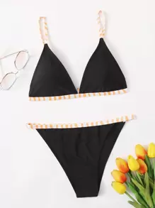 Conjunto de bikini triangular de tanga con ribete de rayas para playa de verano - Negro - Ver 3