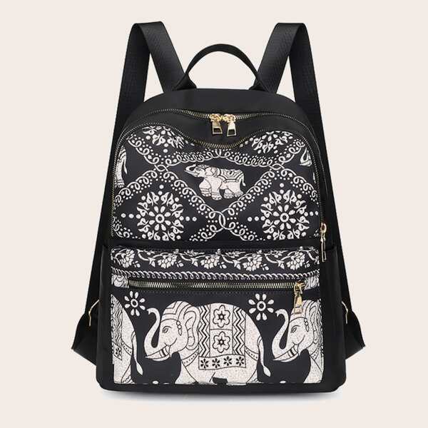 

Elephant Graphic Zipper Backpack, Black