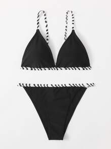 Striped Trim Triangle Thong Bikini Set Summer Beach - Black - View 1