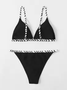 Striped Trim Triangle Thong Bikini Set Summer Beach - Black - View 2