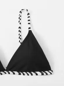 Striped Trim Triangle Thong Bikini Set Summer Beach - Black - View 3