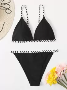 Striped Trim Triangle Thong Bikini Set Summer Beach - Black - View 4