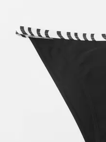 Striped Trim Triangle Thong Bikini Set Summer Beach - Black - View 5