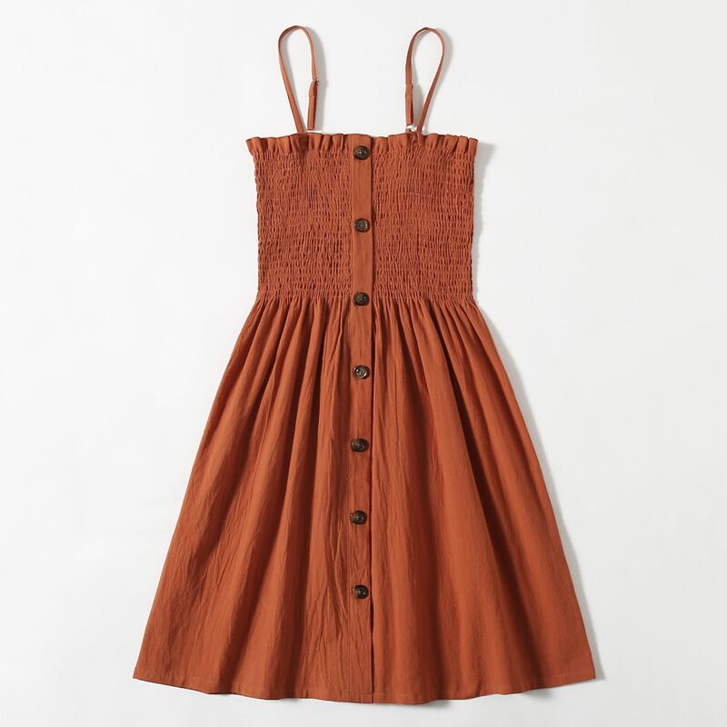 

Solid Button Front Shirred Dress, Rust brown