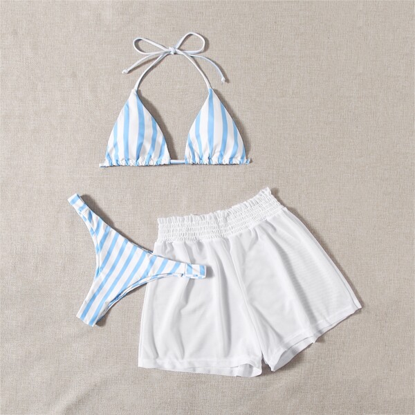 

Striped Triangle Bikini Swimsuit & Mesh Shorts, Blue and white