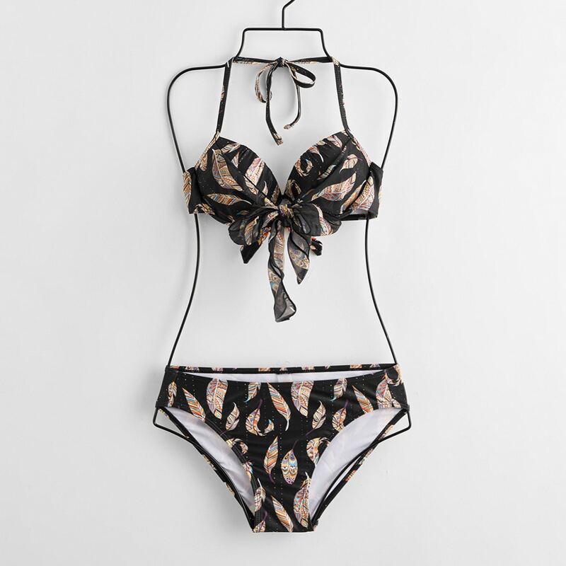 

Leaf Print Tie Front Bikini Swimsuit, Multicolor