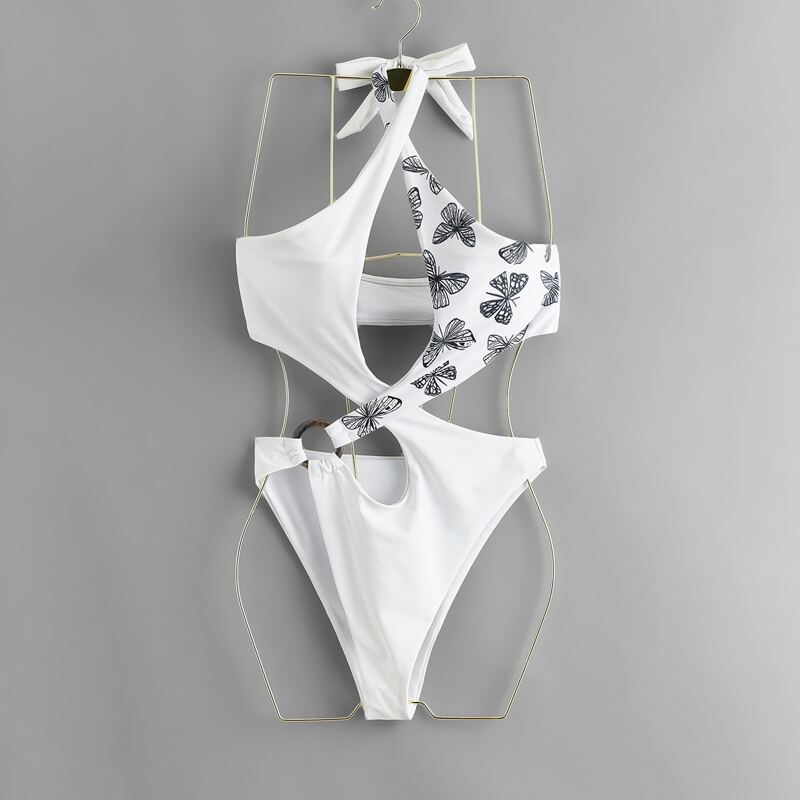 

Contrast Butterfly Print Cut-out One Piece Swimsuit, White