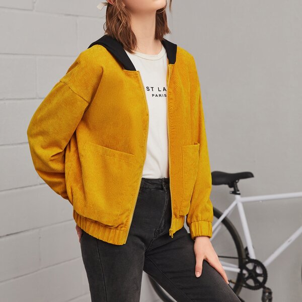 

Drop Shoulder Pocket Front Contrast Hooded Cord Jacket, Mustard yellow