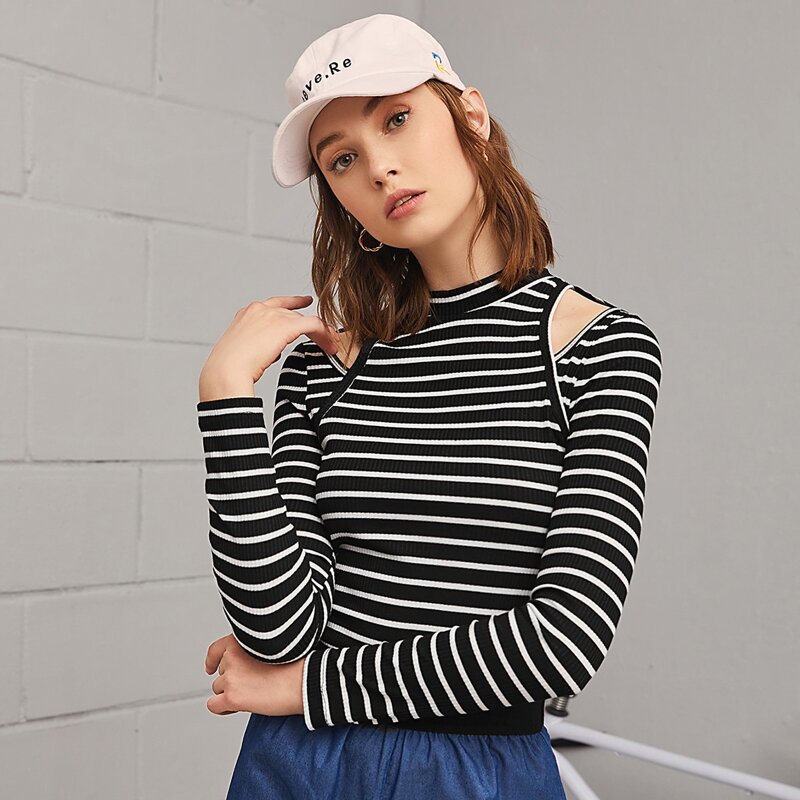 

Cutout Detail Striped Tee, Black and white