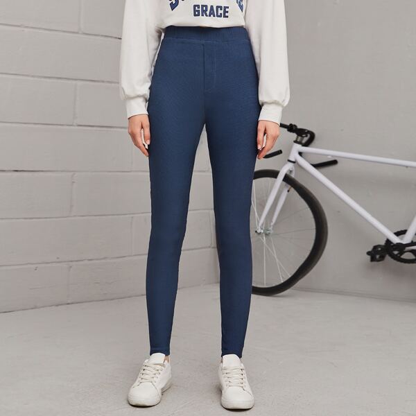 

High Waist Solid Leggings, Navy blue