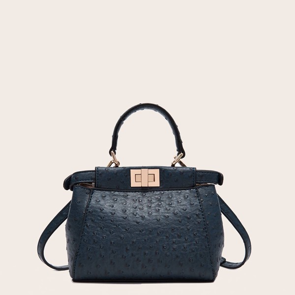 

Twist Lock Ostrich Pattern Satchel Bag, Navy blue