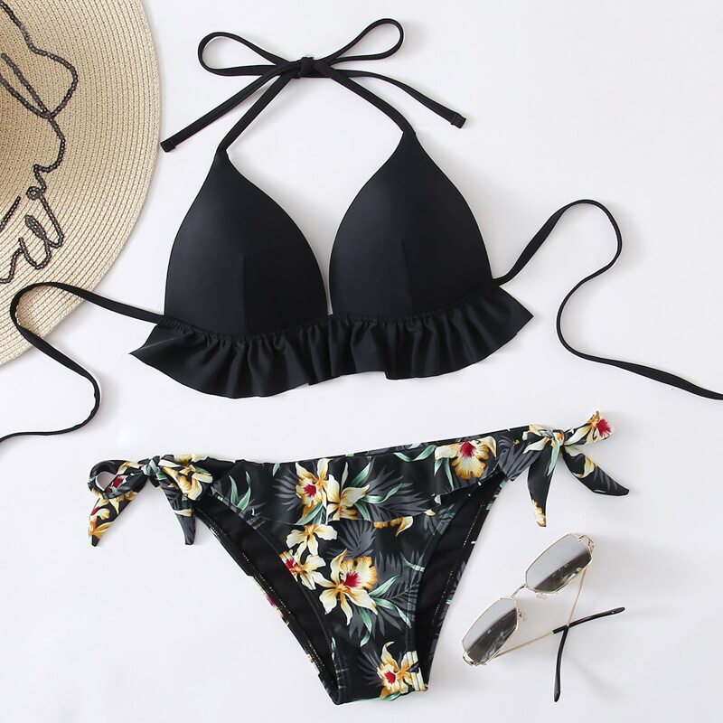 

Floral Ruffle Hem Triangle Bikini Swimsuit, Black