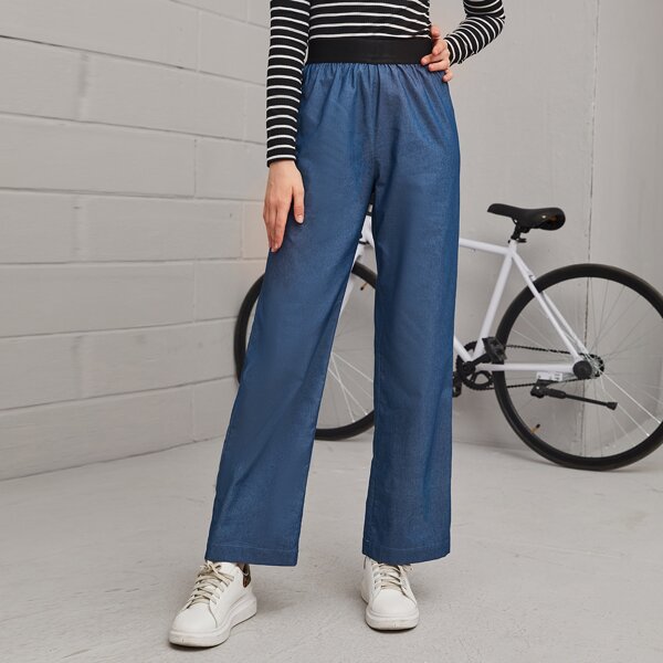 

Wide Waistband Straight Leg Pants, Dusty blue