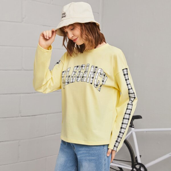 

Drop Shoulder Letter Graphic Plaid Panel Tee, Yellow pastel