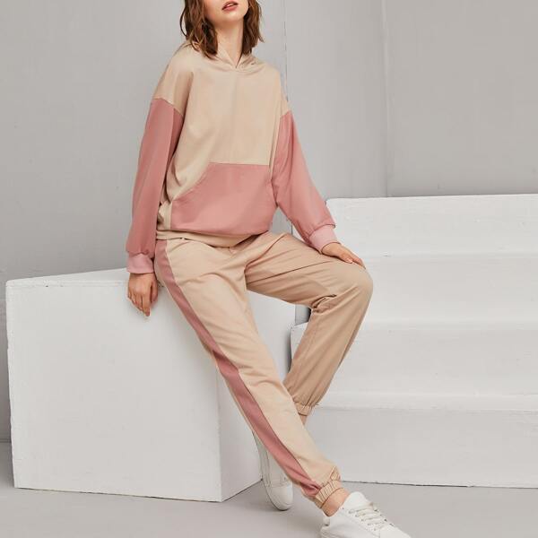 

Drop Shoulder Colorblock Hoodie & Contrast Sideseam Sweatpants Set, Multicolor
