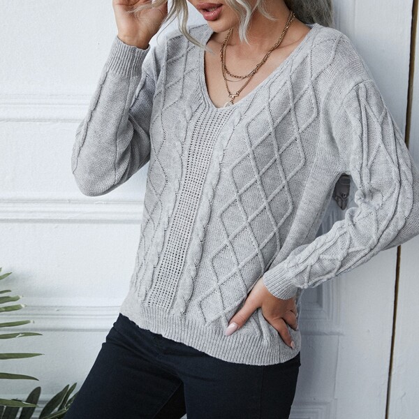 

V-neck Cable Knit Drop Shoulder Sweater, Grey