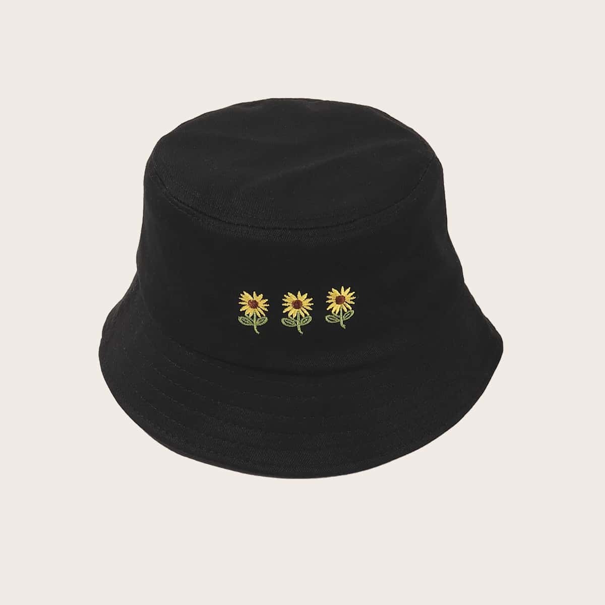 

Sunflower Embroidery Bucket Hat, Black