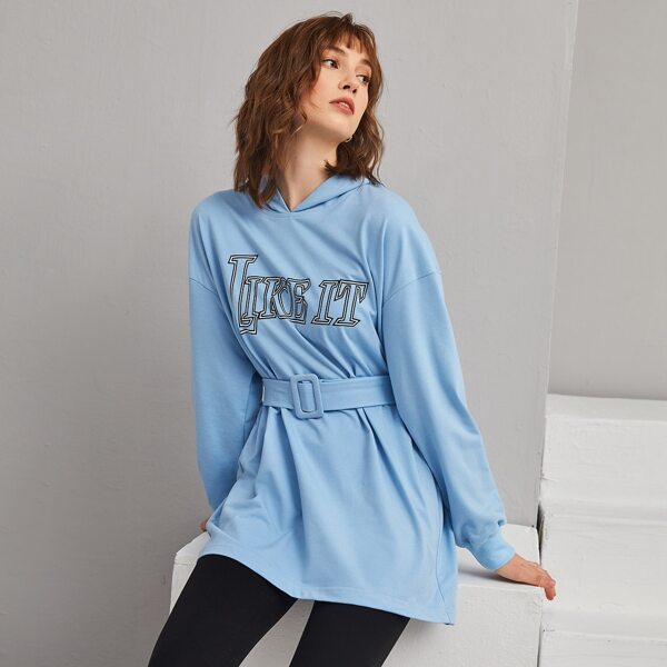 

Letter Graphic Drop Shoulder Belted Hoodie, Blue
