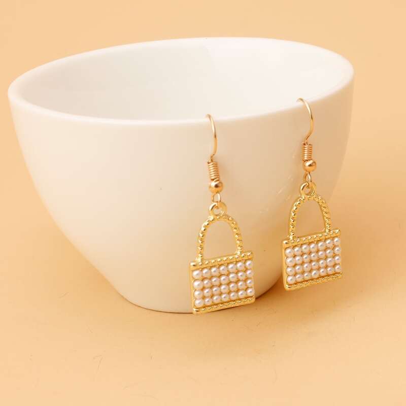 

Faux Pearl Lock Drop Earrings, Gold