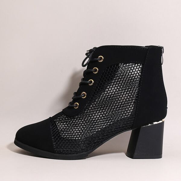 

Lace-up Front Mesh Chunky Heeled Boots, Black