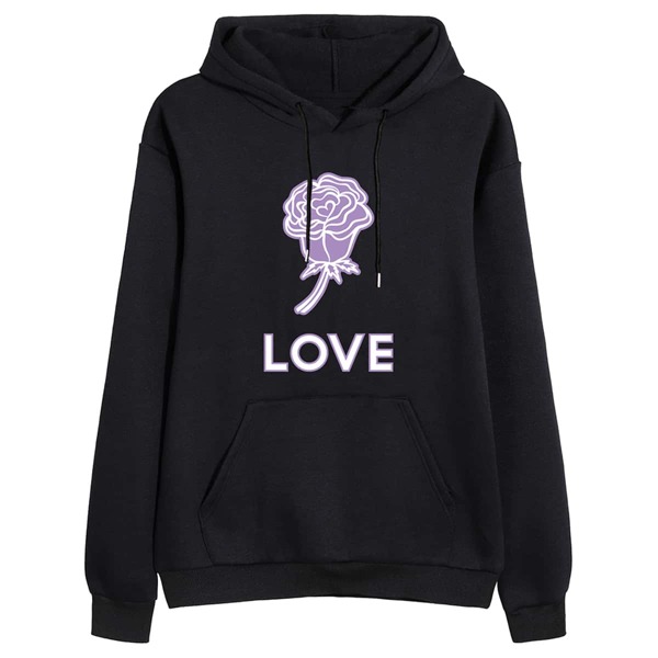 

Floral & Letter Graphic Kangaroo Pocket Drawstring Thermal Lined Hoodie, Black