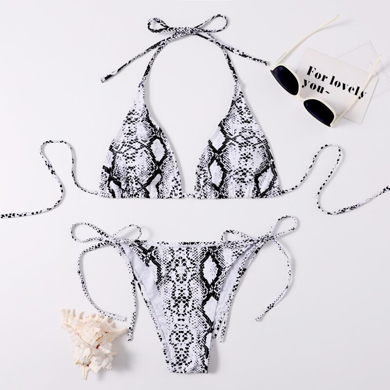 

Snakeskin Print Tie Side Bikini Swimsuit, Black and white