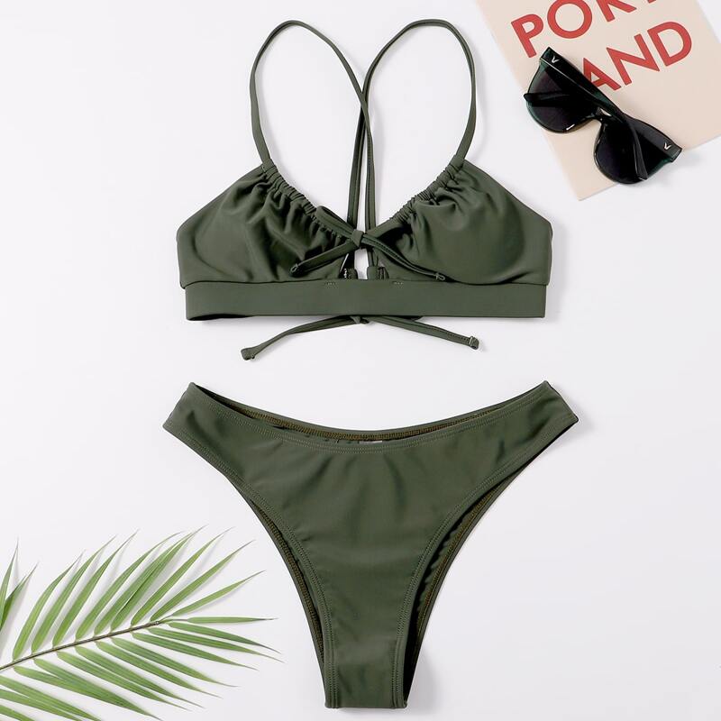 

Ruched High Cut Bikini Swimsuit, Army green