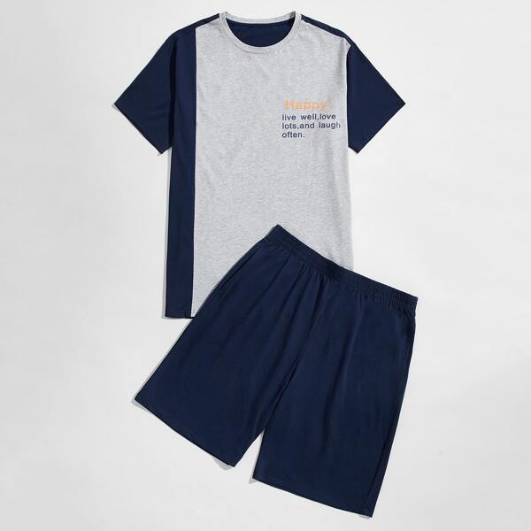 

Men Colorblock Slogan Graphic PJ Set, Multicolor