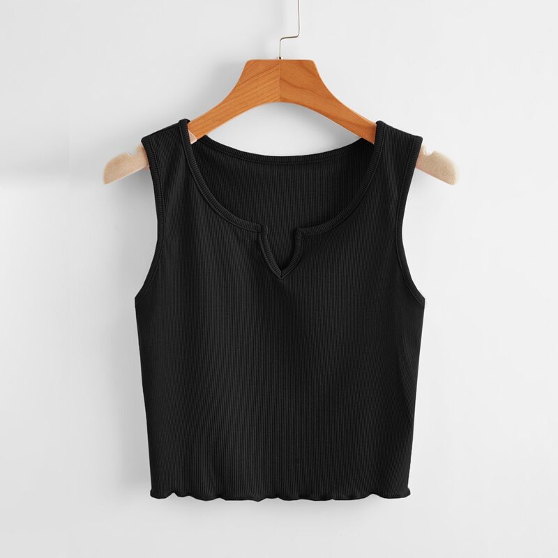 

Solid Notched Lettuce Trim Tank Top, Black