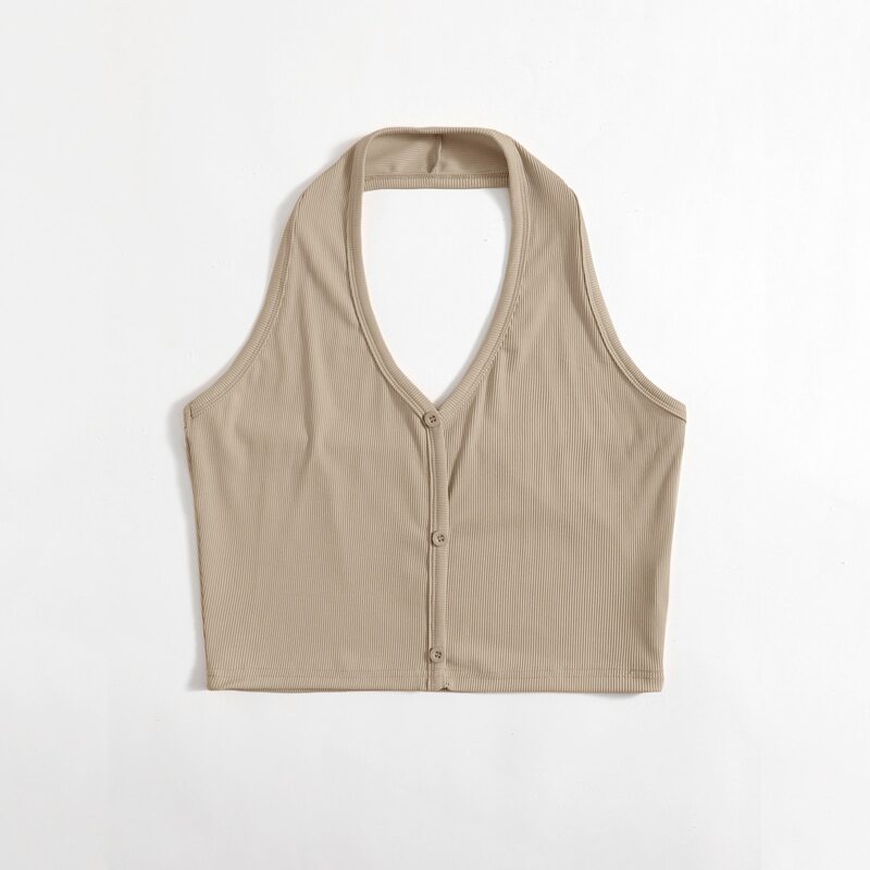

Solid Button Front Halter Top, Khaki