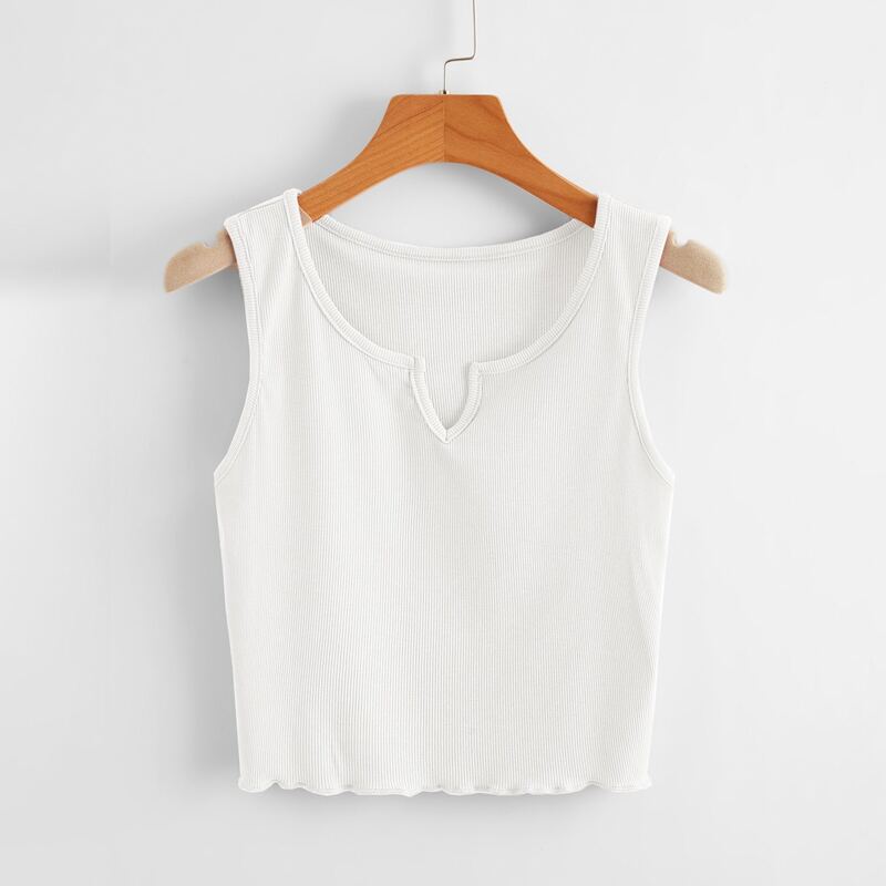 

Solid Notched Lettuce Trim Tank Top, White