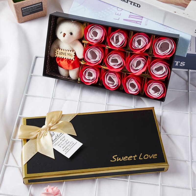 

1Box Soap Flower With 1pc Cartoon Bear Toy, Multicolor