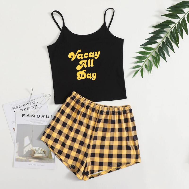

Slogan Print Cami & Plaid Shorts PJ Set, Multicolor