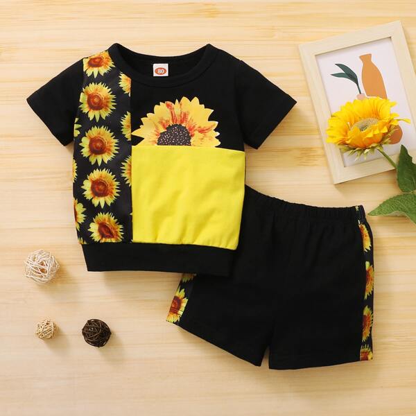 

Baby Girl Sunflower Print Colorblock Tee & Shorts, Black