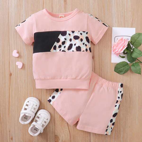 

Baby Girl Contrast Panel Tee & Shorts, Baby pink