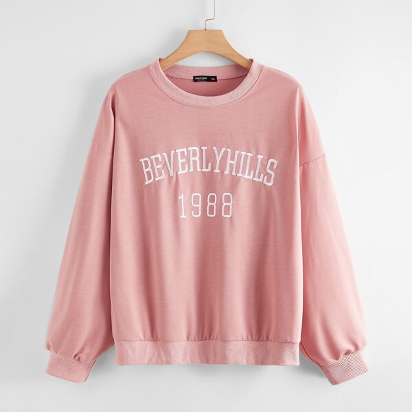 

Plus Letter Embroidered Drop Shoulder Sweatshirt, Coral pink