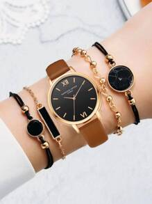 1入組圓形指针石英手錶和4入組手鐲 - 玫瑰金 - 查看 1