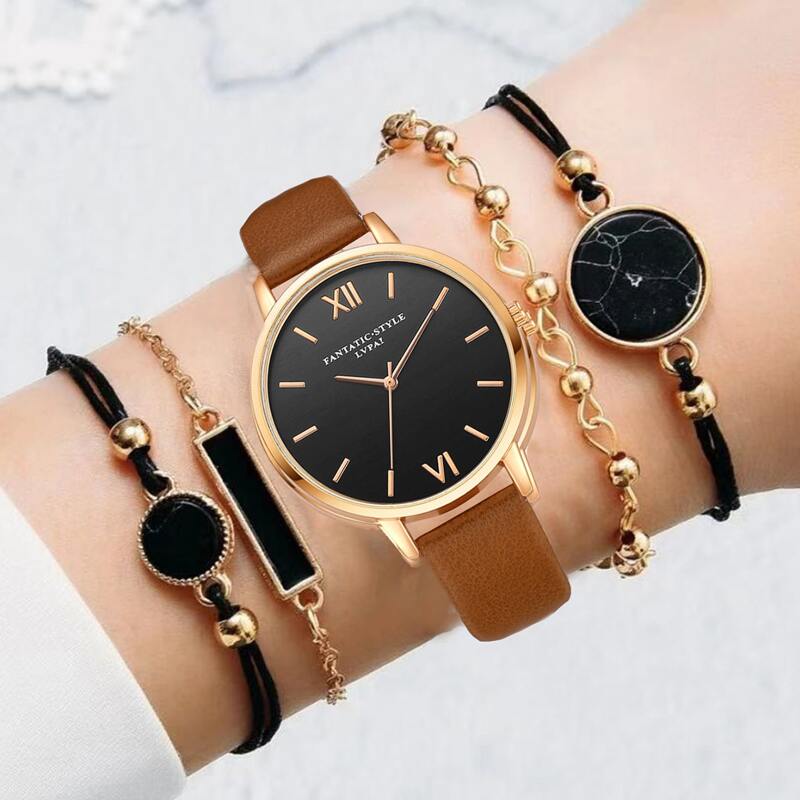 

1pc Round Pointer Quartz Watch & 4pcs Bracelet