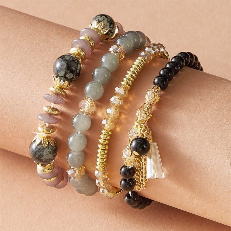 

4pcs Chain Tassel Beaded Bracelet, Multicolor