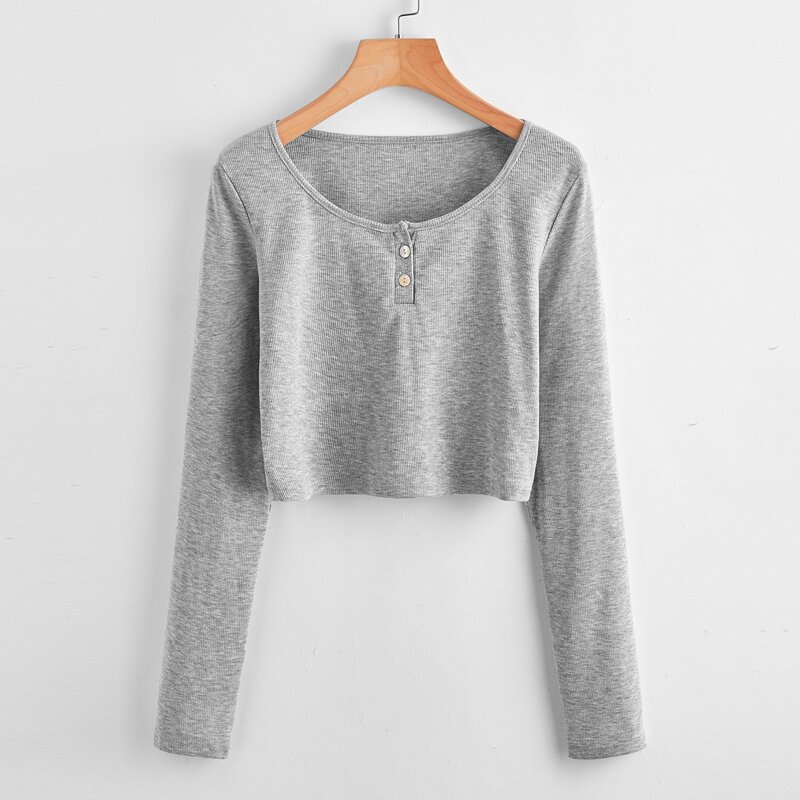 

Solid Button Crop Tee, Grey