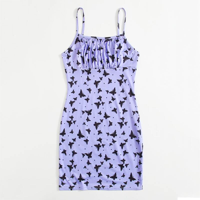

Ruched Bust Butterfly Print Cami Dress, Lilac purple